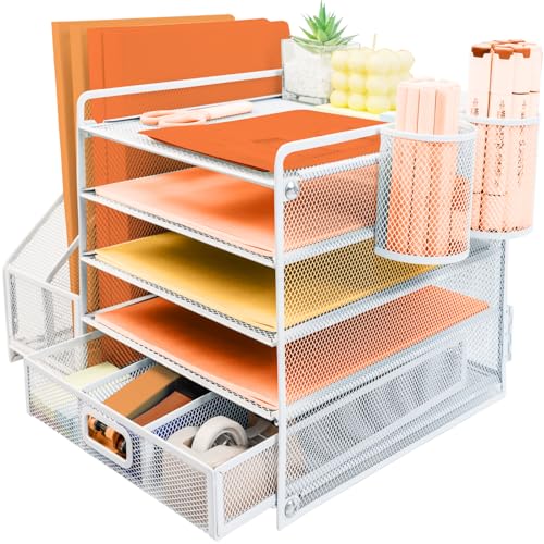 PLSOPPKG Schreibtisch Organizer mit Aktenhalter, 5 Ebenen Papier Organizer Briefablage mit Schublade und 2 Stiftehalter, Mesh Schreibtisch Akten Organizer mit Zeitschriftenhalter für Büro, weiß von PLSOPPKG