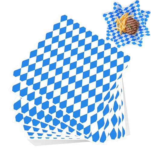 PLULON 100 Blatt Oktoberfest-Lebensmittelkorb-Einlagen, 30,5 x 30,5 cm, Wachspapier, blau-weiß kariert, Feinkost-Papierbögen, Sandwich-Geschenkpapier für Lebensmittel, Oktoberfest-Partyzubehör von PLULON