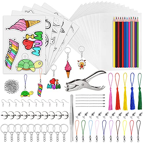 PLULON 194 Stk. Schrumpfkunststoff-Kit, Blindschrumpfpapier, Schrumpfkunstpapier, Locher, Pinzette, Bleistifte, Schlüsselanhänger-Zubehör für DIY-Ornamente, Kreatives Basteln von PLULON