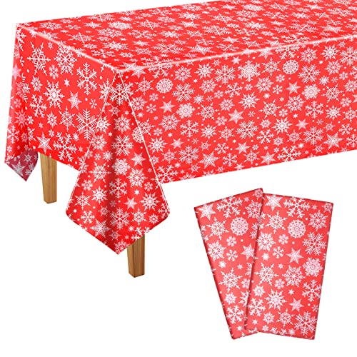 PLULON 2 Stück Weihnachtstischdecken Schneeflocken Tischdecke Kunststoff 137 x 274 cm Rechteck Rot Tischdecke für Weihnachtsfeier Winterurlaub Zuhause Tischdekoration Weihnachtsfeier Zubehör von PLULON