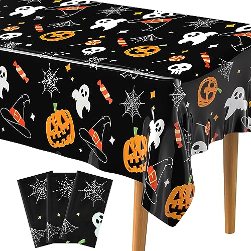 PLULON 3er-Pack Halloween-Tischdecken 137 x 274 cm Kürbis Spinnennetz Geister Fledermaus Kunststoff-Tischdecke Happy Halloween-Tischdecke Feiertags-Dinner-Tischdekorationen Halloween-Partyzubehör von PLULON