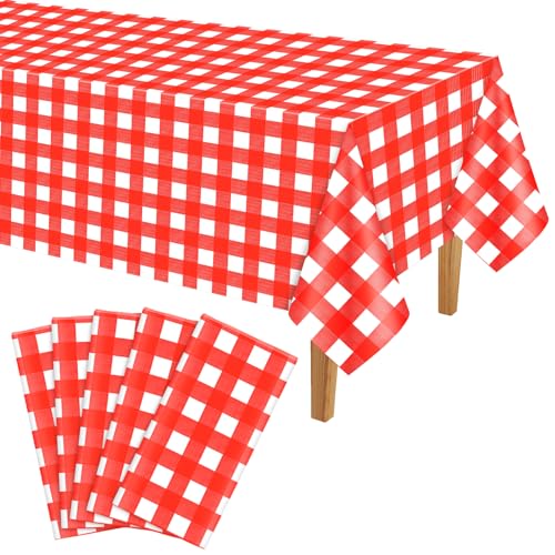 PLULON 5 Pack rot-weiß Karierte Tischdecken aus Kunststoff Büffelkaro-Tischdecke Gingham-rote Tischdecke 137 x 274 cm Picknick Babyparty Geburtstag Weihnachten Party Urlaub Abendessen Tischdekoration von PLULON