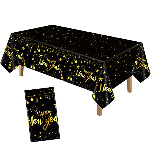 PLULON Frohes Neues Jahr Tischdecke Kunststoff Tischdecke 2025 Neujahr Tischdecke Schwarz und Gold Frohes Neues Banner für Silvester Party Feier Festival Home Wand Tischdekoration von PLULON