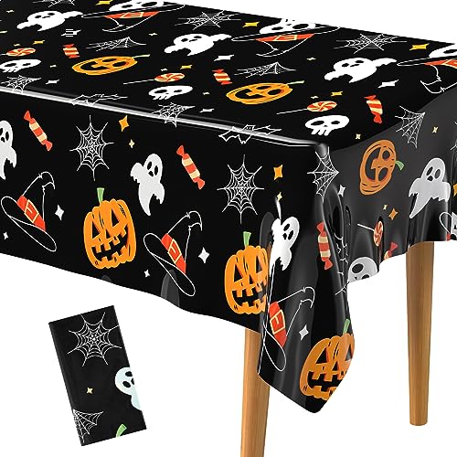 PLULON Halloween-Tischdecken 137 x 274 cm Kürbis Spinnennetz Geister Fledermaus Kunststoff-Tischdecke Happy Halloween-Tischdecke für Feiertags-Dinner-Tischdekorationen Halloween-Partyzubehör von PLULON