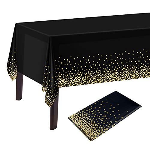 PLULON Schwarz Gold Dot Tischdecke Schwarz und Gold Tischdecke 137 x 274 cm Kunststoff Rechteck Tischdecke für Schwarz und Gold Party Geburtstag Tischdekoration von PLULON