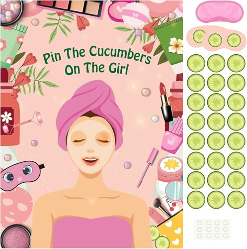 PLULON Spa-Partyspiel Mädchenpartys Pin The Cucumber on The Girl mit 48 Gurken-Spa-Aufklebern Spa-Spiel-Poster Kinder Mädchen Spa Geburtstags-Make-up Pyjama-Party Pyjamaparty-Zubehör Frauenparty-Dekor von PLULON