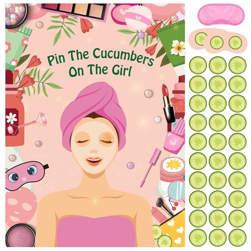 PLULON Spa-Partyspiel Mädchenpartys Pin The Cucumber on The Girl mit 48 Gurken-Spa-Aufklebern Spa-Spiel-Poster Kinder Mädchen Spa Geburtstags-Make-up Pyjama-Party Pyjamaparty-Zubehör Frauenparty-Dekor von PLULON