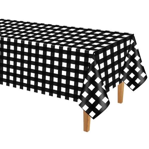 PLULON Tischdecke mit schwarz-weißer karierter Flagge Kunststoff-Büffelkaro Gingham-schwarze Tischdecke 137,2 x 274,3 cm Rennwagen Picknick Babyparty Geburtstag Party Urlaub Abendessen Tischdekoration von PLULON