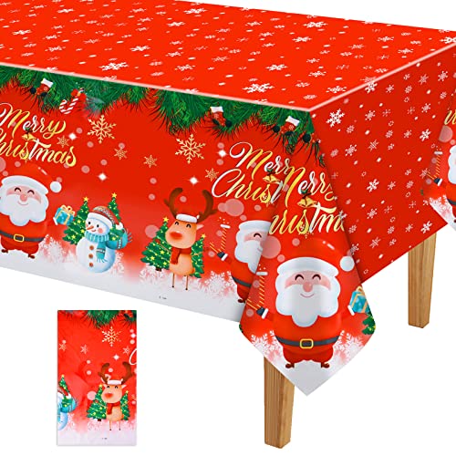 PLULON Weihnachtstischdecke Kunststoff Schneeflocke Tischdecke Rechteck Rot Weihnachtsmann Schneemann Elch Tischdecke für Weihnachten Urlaub Geburtstag Party Dinner Tischdekoration, 137×274 cm von PLULON