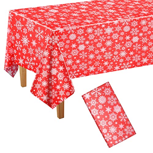 PLULON Weihnachtstischdecke Schneeflocken Tischdecke Kunststoff 137 x 274cm Rechteck Rot Tischdecke für Weihnachtsfeier Winterurlaub Zuhause Tischdekoration Xmas Party Supplies von PLULON