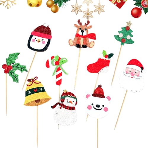 10 Stk. Weihnachten Cake Topper Goldglitter Xmas Cupcake Dekorationen mit Weihnachtsstrümpfen, Weihnachtsstangen, Santa, Schneemann, Rentier für Weihnachtsfeier und Urlaubszubehör von PLUSHCEWT