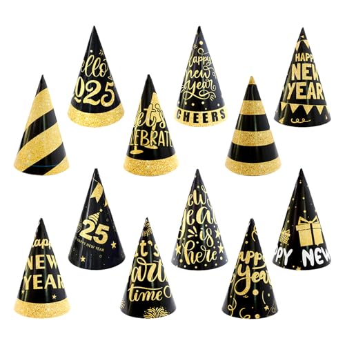 PLUSHCEWT 12 Pack Happy New Year Party Hüte, Schwarz und Gold Papier Kegel Hüte 2025 Silvester Hüte Dekorative Silvester Kegel Hüte Countdown Party Hüte von PLUSHCEWT