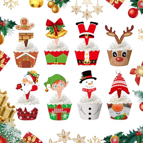 PLUSHCEWT 128 Stk. Weihnachts Cupcake Deko Set Weihnachts Cupcake Dessert Topper DIY Kuchen Lebkuchenmann Weihnachtsmann Rentier Elf Schneemann Dekor für Weihnachtsfeierbedarf von PLUSHCEWT