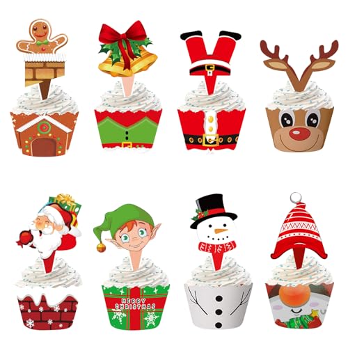 PLUSHCEWT 128 Stück Weihnachten Cupcake Toppers Wrappers Weihnachts Cupcake Deko Set DIY Kuchen Lebkuchenmann Weihnachtsmann Rentier Elf Schneemann Dekor für Weihnachtsfeierbedarf von PLUSHCEWT