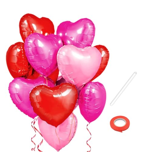 PLUSHCEWT 15 Stück Herzballons 18 Zoll herzförmige Folienballons mit Farbband Helium-Ballons für Geburtstag, Hochzeit, Jubiläum, Verlobung, Festival Party Dekoration (Rot Rosa) von PLUSHCEWT