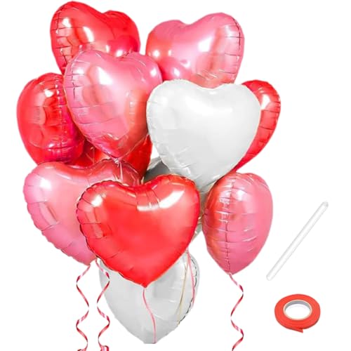 PLUSHCEWT 15 Stück Herzballons 18 Zoll herzförmige Folienballons mit Farbband Helium-Ballons für Geburtstag, Hochzeit, Jubiläum, Verlobung, Festival Party Dekoration (Rot Rosa Weiß) von PLUSHCEWT