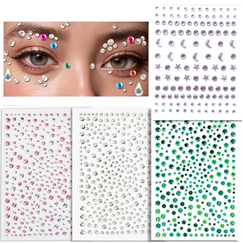 PLUSHCEWT 4 Blatt Strass Aufkleber Gesicht Edelsteine Glitzer Selbstklebende Strasssteine mit Pinzette Mond und Sterne Diamant Aufkleber für Gesicht Nagel Auge Körper Make-up Dekorationszubehör von PLUSHCEWT