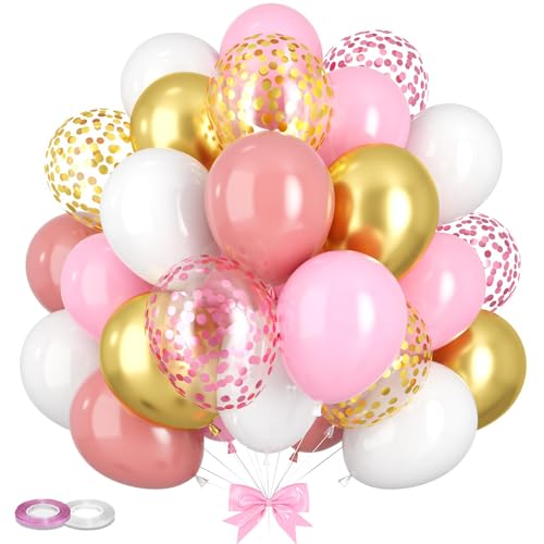 PLUSHCEWT 60 Stk. 12 Zoll Latex Luftballons Rosa Champagner Gold Weiße Blaue Klare Luftballons mit Bändern für Geburtstag Hochzeit Babyparty Party Dekoration (A) von PLUSHCEWT