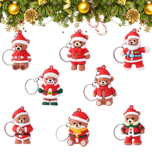 PLUSHCEWT 8 x Weihnachts-Schlüsselanhänger, Cartoon-Schlüsselanhänger, niedlicher Weihnachtsbär, Cartoon-Schlüsselanhänger, Weihnachts-Schlüsselanhänger, Kinder-Weihnachtsgeschenke, von PLUSHCEWT