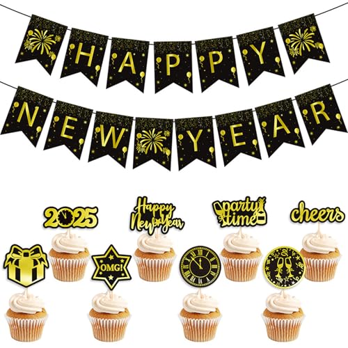 PLUSHCEWT Banner 2025, Frohes neues Jahr Banner und Cupcake Dekoration Flagge, Gold und Schwarz Silvester Neujahrsdekoration Neujahrsfeier Dekoration von PLUSHCEWT