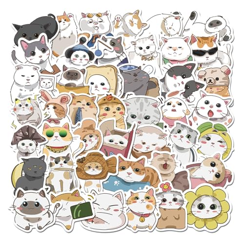 PLUSHCEWT Niedliche Cartoon Katze Aufkleber Set, 62Pcs Lustige Cartoon Katze Aufkleber Set, Tier ästhetische Abziehbilder Wasserdicht Selbstklebende Aufkleber Kleine Größe Scrapbook Aufkleber von PLUSHCEWT