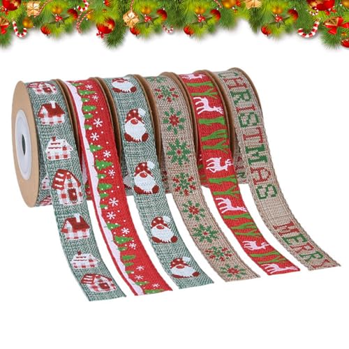 Schleifenband Weihnachten,6 Rollen Rotenes Geschenk Band,Rotes und grünes Satinband für Geschenkverpackungen,Grosgrain-Stoffband,Geschenkband,Weihnachtsbaum Dekoband von PLUSHCEWT