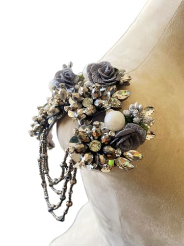 Dreidimensionale 3D-Blumen-Strass-Applikation, Nähen, glänzende Perlen, Steine, Besatz, Kristall-Fransenaufnäher für Kleid, Kleidung, Accessoires, 14 x 16 cm (Grau, A) von PLune