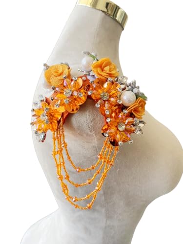Dreidimensionale 3D-Blumen-Strass-Applikation, Nähen, glänzende Perlen, Steine, Besatz, Kristall-Fransenaufnäher für Kleid, Kleidung, Accessoires, 14 x 16 cm (Orange, A) von PLune