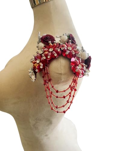 Dreidimensionale 3D-Blumen-Strass-Applikation, Nähen, glänzende Perlen, Steine, Besatz, Kristall-Fransenaufnäher für Kleid, Kleidung, Accessoires, 14 x 16 cm (Weinrot, A) von PLune