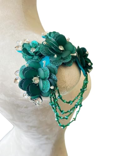 Dreidimensionale 3D-Blumen-Strass-Applikation, Nähen, glänzende Perlen, Steine, Besatz, Kristall-Fransenflicken für Kleid, Kleidung, Accessoires, 14 x 16 cm (Tiefgrün, B) von PLune