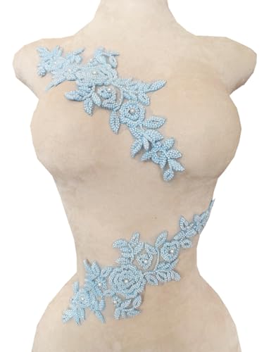 PLune Spitzenperlenapplikation, perfekt glänzende Bordüre, für Hochzeitskleid, Kleidung, Accessoires, ein Paar/Tasche, 14 x 32 cm, Himmelblau von PLune