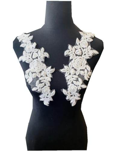 Spitzenperlenapplikation, perfekt glänzende Bordüre, für Hochzeitskleid, Kleidung, Accessoires, ein Paar/Tasche, 14 x 32 cm, Weiß von PLune