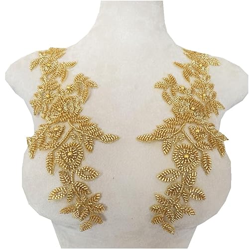 Spitzenperlenapplikation, perfekt glänzende Bordüre, für Hochzeitskleid, Kleidung, Accessoires, ein Paar/Tasche, 14 x 32 cm (Gold) von PLune