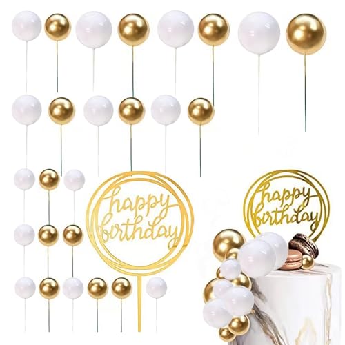 PMELCXD 27 Stück Kuchendekorationen Hochzeit goldene Kugeln, Cupcake-Topper, alles Gute zum Geburtstag-Kuchen-Topper mit getrockneten Blumen, DIY-Kuchen-Topper für Geburtstag, Hochzeit (Weißgold) von PMELCXD