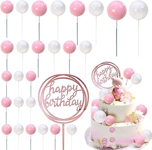 PMELCXD 27 Stück Kuchendekorationen Hochzeit goldene Kugeln, Cupcake-Topper, Alles Gute zum Geburtstag-Kuchen-Topper mit getrockneten Blumen, DIY-Kuchen-Topper für Geburtstag, Hochzeit (Pulverweiß) von PMELCXD