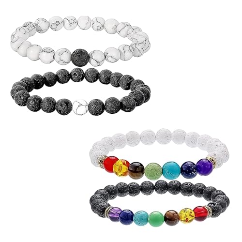 PMELCXD 4 Stück Lava-Armband, natürliches Yoga-Armband mit Baum des Lebens-Anhängers, 8 mm Perlen, Buddha-Armband, 7 Chakren, elastisches Buddha-Perlen-Armband für Männer, Unisex von PMELCXD