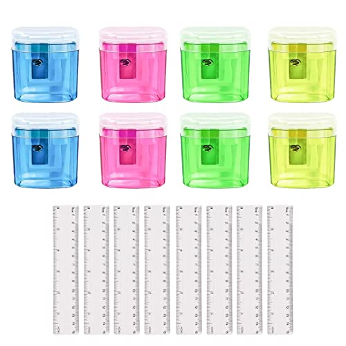 PMELCXD Anspitzer mit Behälter,Anspitzer Doppelspitzdose,8 Stück Spitzer Kinder Manueller Bleistiftspitzer Doppelanspitzer 8 PACK Clear Plastic Ruler 15cm 6 Inch Straight Kit Measuring Tool von PMELCXD