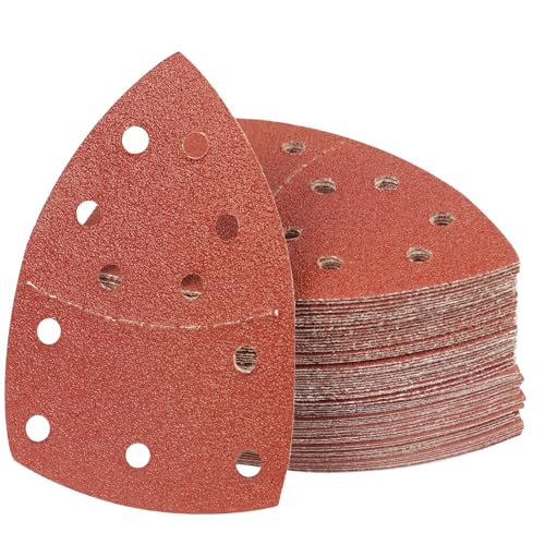 PMIQSA 90 Stück 80 Körnung Deltaschleifer Schleifpapier Klett Schleifdreiecke Schleifpads 152x105mm Multischleifer Schleifpapier für Holz Beton Metal Dreieckschleifer von PMIQSA