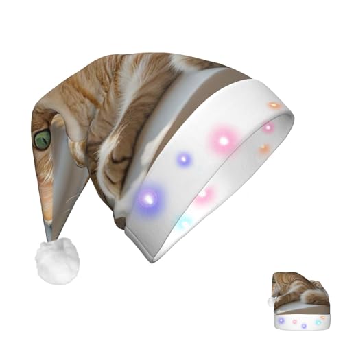 PMQAGNKSMQ Niedliche Katzen-Weihnachtsmütze mit beleuchteter Weihnachtsmütze für Erwachsene, Plüsch-Weihnachtsmütze mit LED-Lichtern von PMQAGNKSMQ