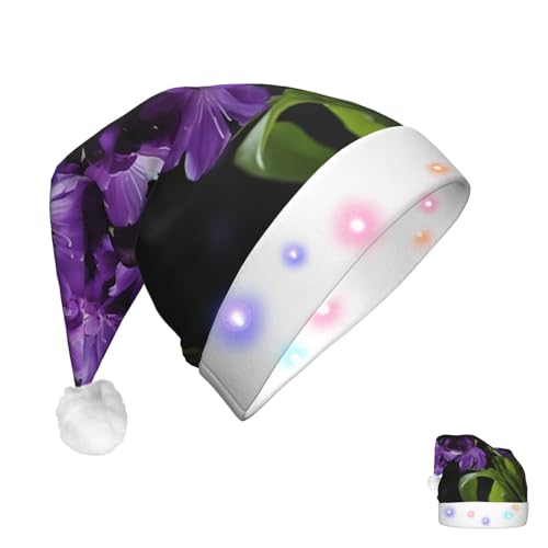 PMQAGNKSMQ Purple Flower1 Weihnachtsmannmütze, beleuchtete Weihnachtsmütze für Erwachsene, Plüsch-Weihnachtsmütze mit LED-Lichtern von PMQAGNKSMQ