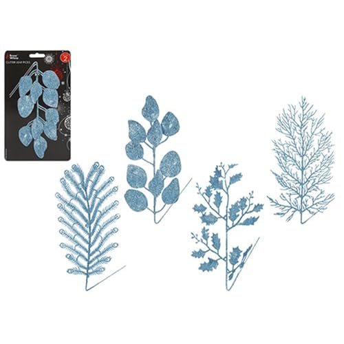 Frosty Ice Blue Glitter Leaf Picks – Set mit 2 Stück, 4 verschiedene Designs – vielseitige Dekoration für Weihnachtsbäume und Tischdekoration von PMS