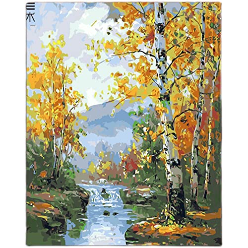 PNDGMCSY Malen nach Zahlen, Set für Erwachsene, Kinder, Anfänger, selber auf Leinwand malen nach Zahlen zur Heimdekoration, Weiße Birken-Wald-Fluss-Landschaft 40,6 x 50,8 cm von PNDGMCSY