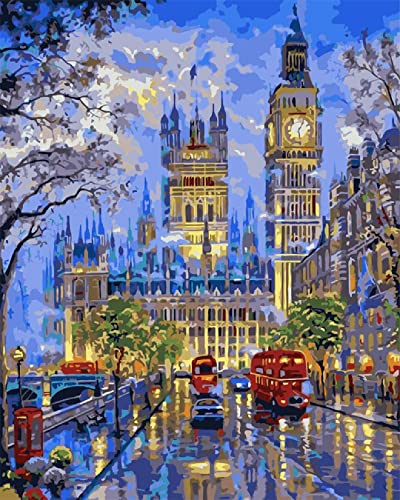 PNDGMCSY Malen nach Zahlen Big Ben-London-Straßen-Nachtszene Erwachsene Kinder Geschenk Malen nach Zahlen 40 x 50 cm Leinwand 3 Pinsel Acrylfarbe für Haus Deko von PNDGMCSY