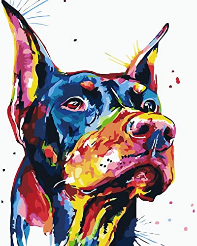 PNDGMCSY Malen nach Zahlen Bunter Hund Dobermann Gemälde Erwachsene DIY Kunstwerk Bild Dekor Wohnzimmer Schlafzimmer Senior Frau Anfänger 40x50 cm von PNDGMCSY