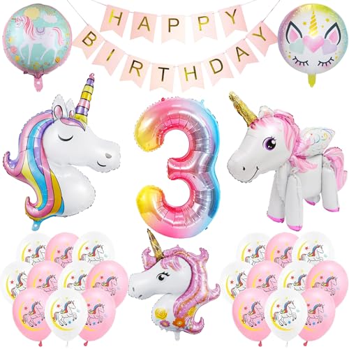 Einhorn-Geburtstagsballon-Set, Einhorn-Ballon, Mädchenballon, Rosa Ballon 3 Jahre, Geburtstagsballons 3 Jahre alt, Luftballons zum 3. Geburtstag von POCHY