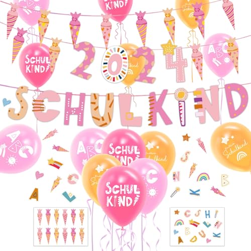 Einschulung Deko Set für Mädchen, Schulkind Girlande + 2024 Zuckertüten Banner + Schuleinführung Schulanfang Luftballon + Schultüte Konfetti Rosa von POEYMTK