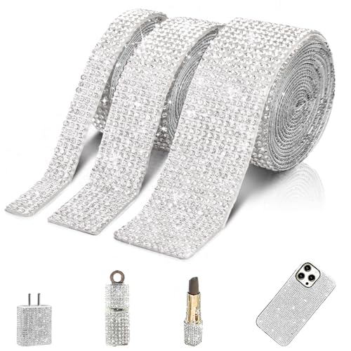 POFIBO Strassband Selbstklebend, 3 Rollen Selbstklebende Strasssteine Silber Aufkleber DIY Dekorative Glitzer Sticker Kristall Strass Bling Band für Handwerk Hochzeit Auto Telefon Dekoration von POFIBO