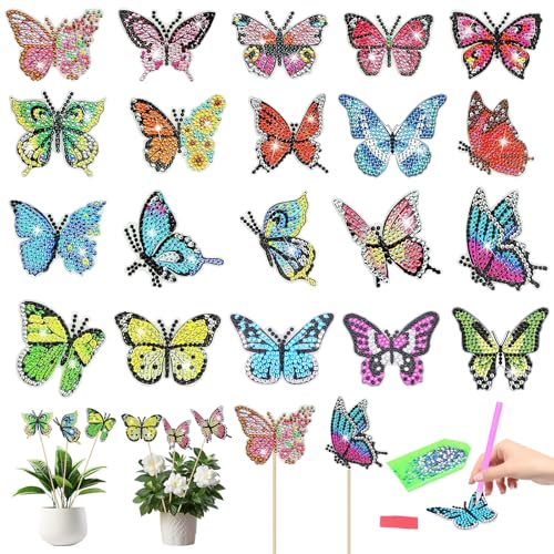 POFIBO Diamond Painting Schmetterling - 20 Stück Diamond-painting Schmetterlinge Gartenstecker, Diamond Painting Art für Garten Dekor, DIY Diamond Painting Schmetterling Deko Basteln für Kinder von POFIBO