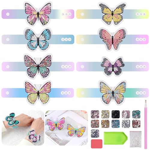 POFIBO Diamond Painting Schmetterling Armbänder Set - 8 Stück Schmetterling Armbänder für Basteln Mädchen 6-12 Jahre, DIY Diamond Painting Spielzeug für Geschenke Mädchen 5 6 7 8 9 10 11 12 Jahre von POFIBO