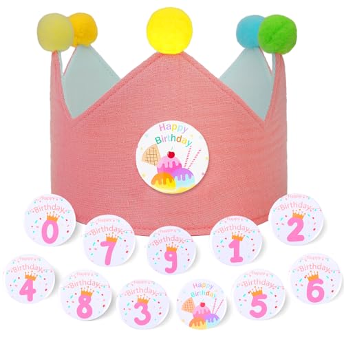 POFIBO Geburtstagskrone Mädchen, Kindergeburtstag Krone mit Button Zahlen von 0-9 Kinder Partyhüte Musselin Happy Birthday Geburtstags Krone Foto Requisiten Geburtstagsdeko für Kinder Mädchen von POFIBO